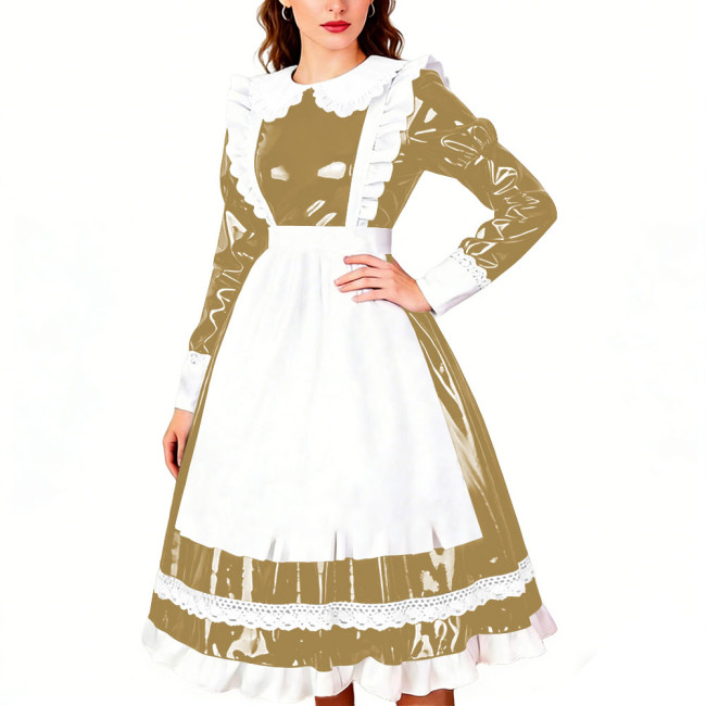 Crossdresser Wet PVC Leather French Maid Uniforms Long Sleeve Glossy Midi Dress with White Lace Trim Lolita Style Cosplay Outfit