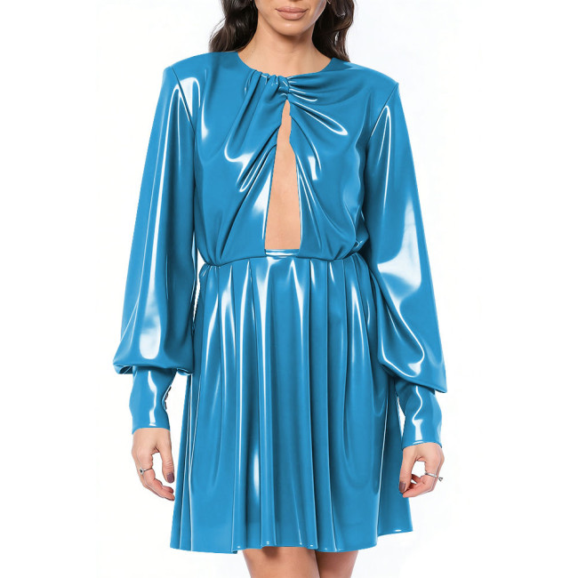 Women's Sexy Keyhole Cutout Glossy PVC Mini Dress Long Lantern Sleeve Backless Flared A-Line Party Short Dress for Club Evening