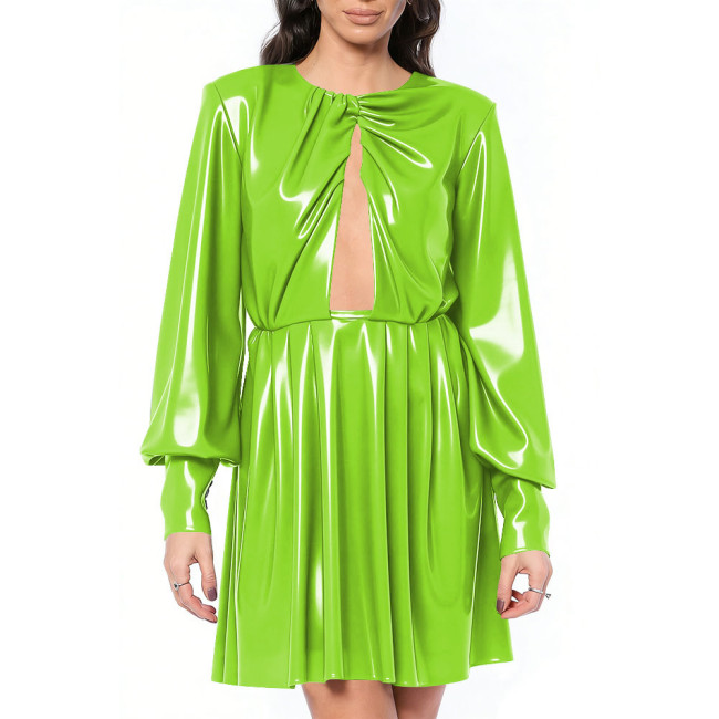 Women's Sexy Keyhole Cutout Glossy PVC Mini Dress Long Lantern Sleeve Backless Flared A-Line Party Short Dress for Club Evening