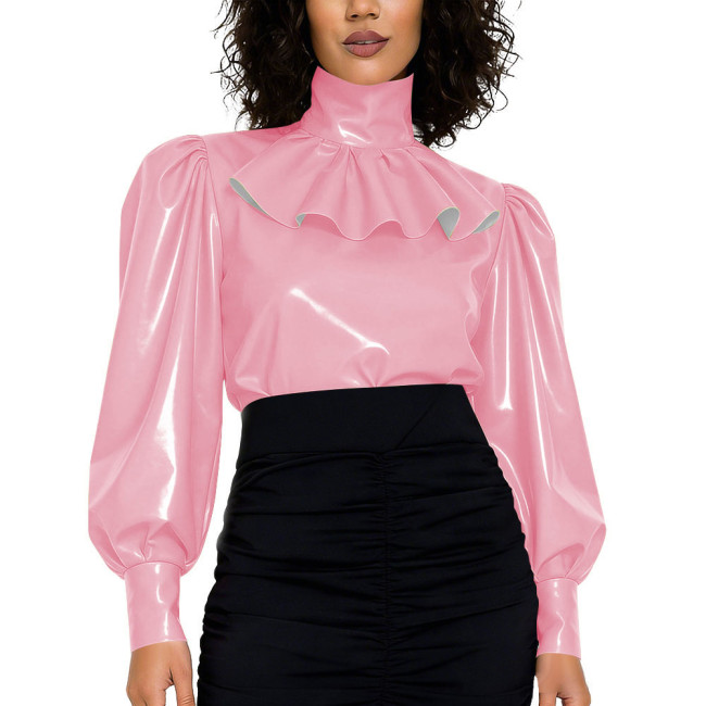 High Street Glossy PVC Leather Womens Blouse High Neck Ruffled Puff Long Sleeve Retro Style Top with Back Zipper Fashion Outfits
