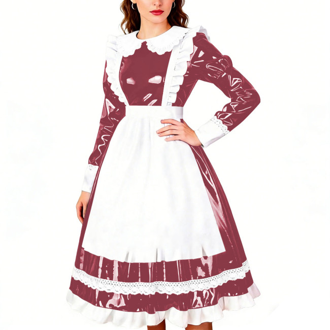 Crossdresser Wet PVC Leather French Maid Uniforms Long Sleeve Glossy Midi Dress with White Lace Trim Lolita Style Cosplay Outfit