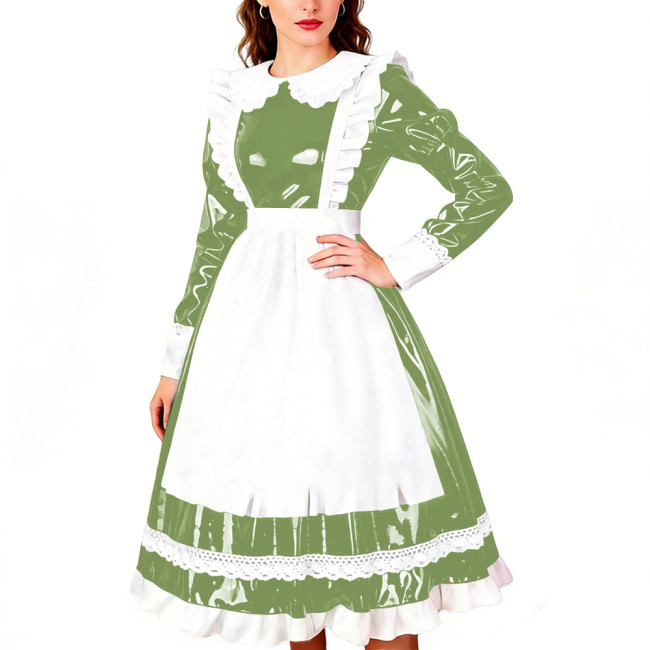 Crossdresser Wet PVC Leather French Maid Uniforms Long Sleeve Glossy Midi Dress with White Lace Trim Lolita Style Cosplay Outfit