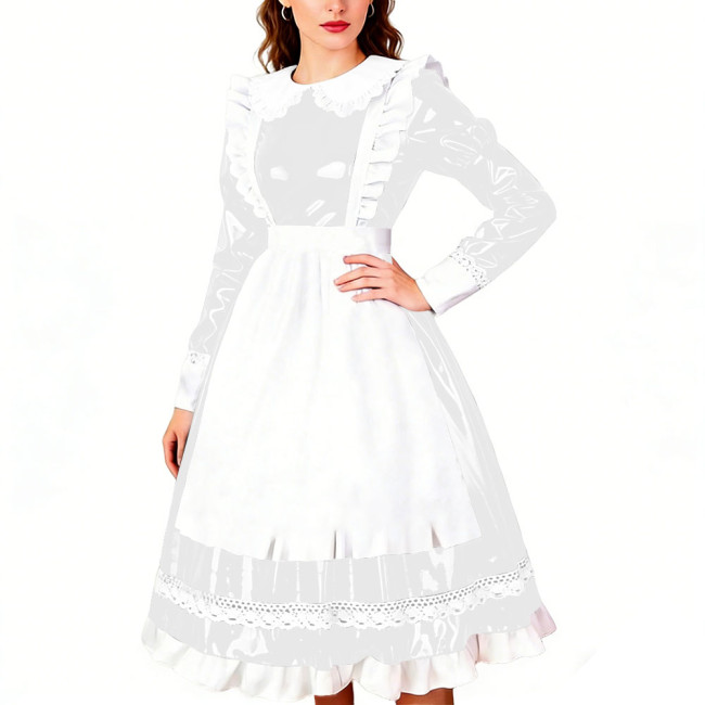 Crossdresser Wet PVC Leather French Maid Uniforms Long Sleeve Glossy Midi Dress with White Lace Trim Lolita Style Cosplay Outfit