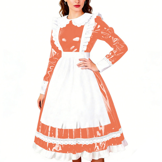 Crossdresser Wet PVC Leather French Maid Uniforms Long Sleeve Glossy Midi Dress with White Lace Trim Lolita Style Cosplay Outfit
