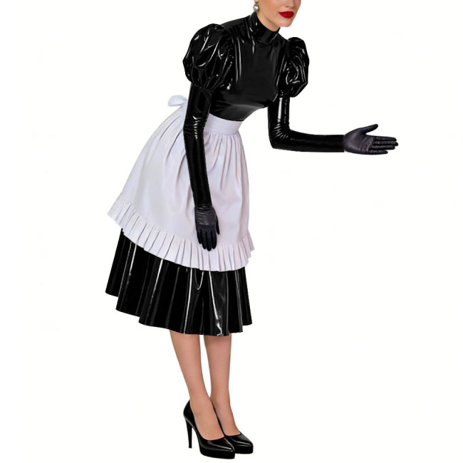 Puff Long Sleeves Sissy French Maid Midi Dress with Apron Crossdresser Shiny PVC Leather High Neck Maid Uniform Cosplay Outfits