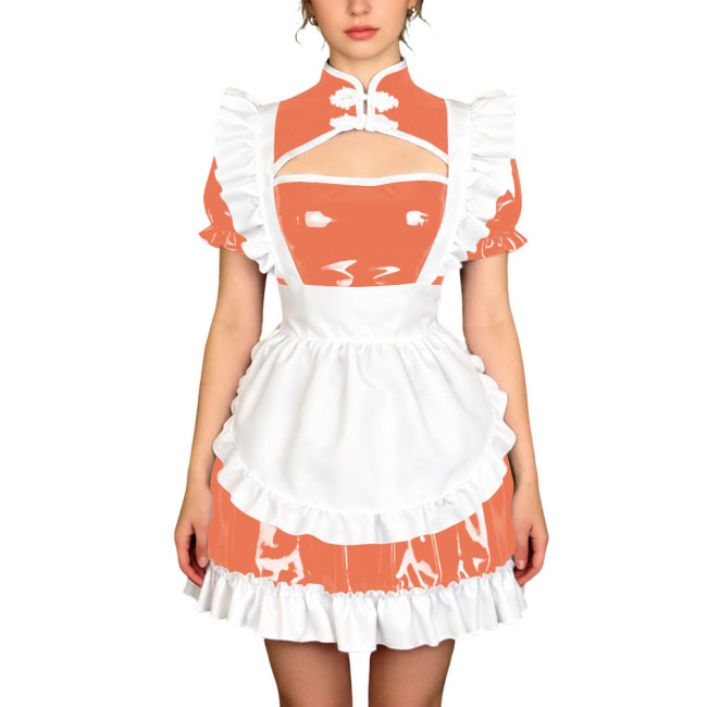 Sissy Theme Party Mandarin Collar Mini Maid Dress with Apron Wetlook PVC Maid Uniform Halloween Role Play Cheongsam Maid Costume