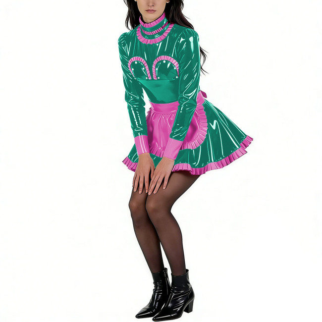 Sissy Glossy PVC High Neck Maid Dress Party Long Sleeve with Ruffled Trim Apron Maid Uniforms Halloween Exotic Cosplay Outfit
