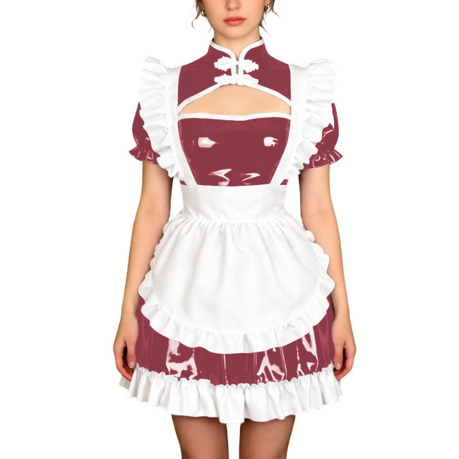 Sissy Theme Party Mandarin Collar Mini Maid Dress with Apron Wetlook PVC Maid Uniform Halloween Role Play Cheongsam Maid Costume