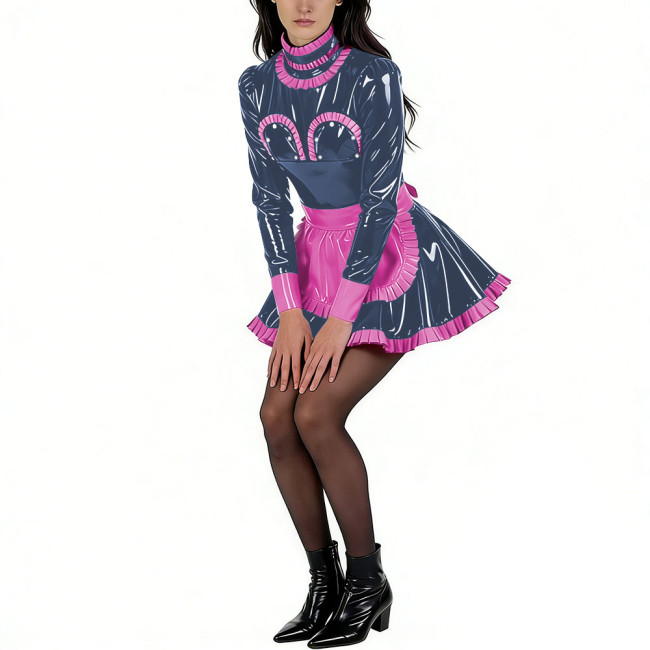 Sissy Glossy PVC High Neck Maid Dress Party Long Sleeve with Ruffled Trim Apron Maid Uniforms Halloween Exotic Cosplay Outfit