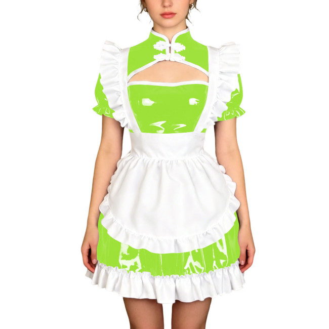 Sissy Theme Party Mandarin Collar Mini Maid Dress with Apron Wetlook PVC Maid Uniform Halloween Role Play Cheongsam Maid Costume