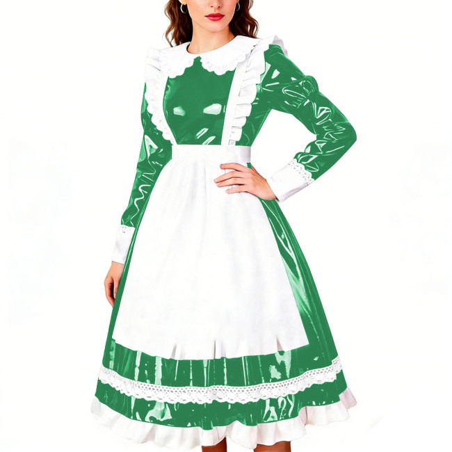 Crossdresser Wet PVC Leather French Maid Uniforms Long Sleeve Glossy Midi Dress with White Lace Trim Lolita Style Cosplay Outfit