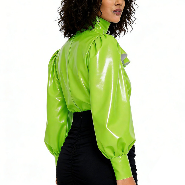 High Street Glossy PVC Leather Womens Blouse High Neck Ruffled Puff Long Sleeve Retro Style Top with Back Zipper Fashion Outfits