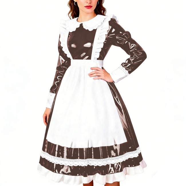 Crossdresser Wet PVC Leather French Maid Uniforms Long Sleeve Glossy Midi Dress with White Lace Trim Lolita Style Cosplay Outfit