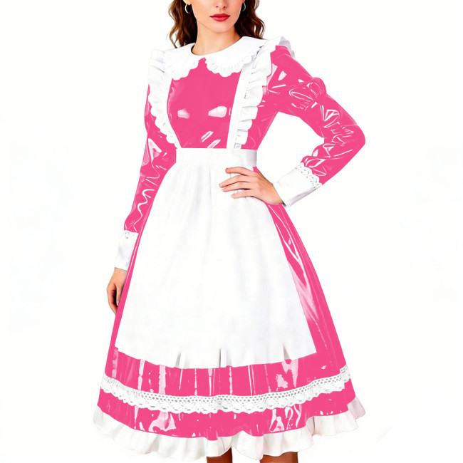 Crossdresser Wet PVC Leather French Maid Uniforms Long Sleeve Glossy Midi Dress with White Lace Trim Lolita Style Cosplay Outfit