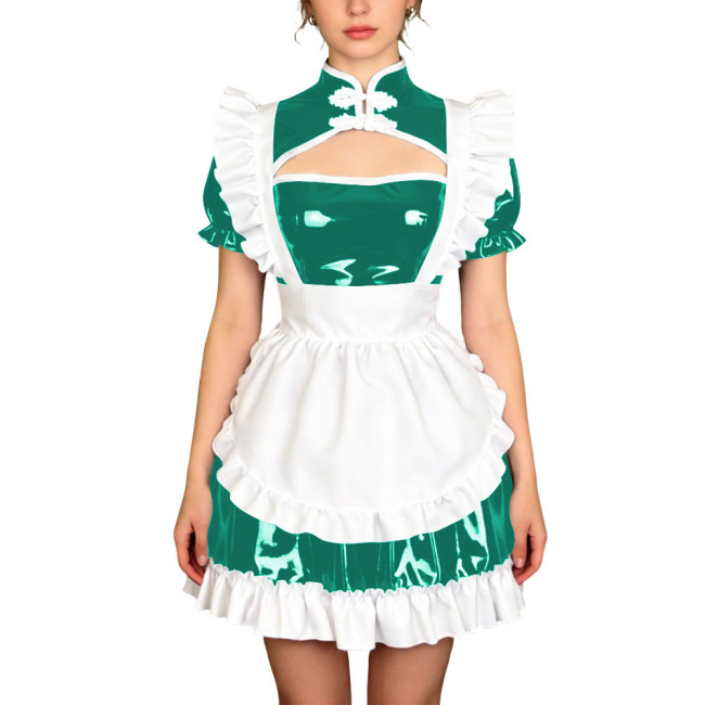 Sissy Theme Party Mandarin Collar Mini Maid Dress with Apron Wetlook PVC Maid Uniform Halloween Role Play Cheongsam Maid Costume