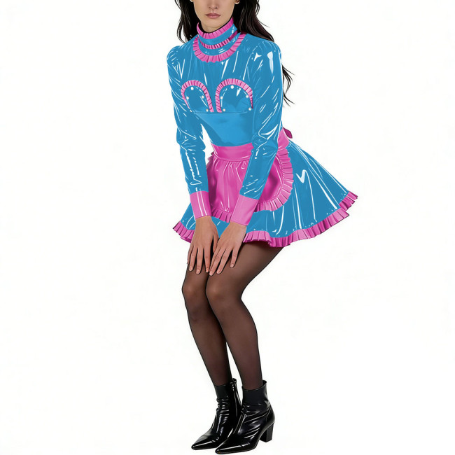 Sissy Glossy PVC High Neck Maid Dress Party Long Sleeve with Ruffled Trim Apron Maid Uniforms Halloween Exotic Cosplay Outfit