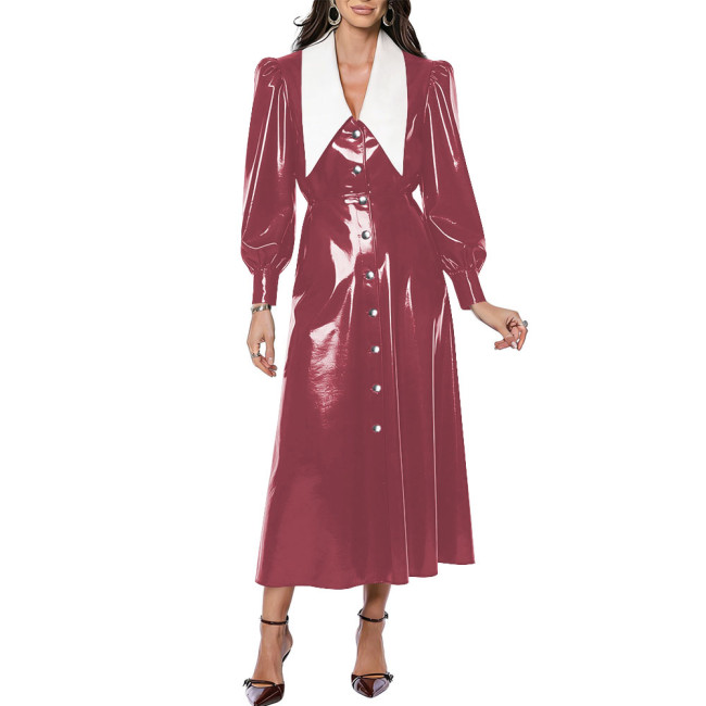 Vintage Turn Down Collar Glossy Long Dress Chic Women A-line Long Puff Sleeve Button PVC Shiny Dresses Party High Street Vestido