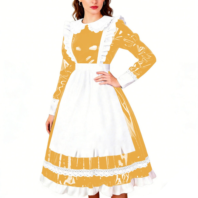 Crossdresser Wet PVC Leather French Maid Uniforms Long Sleeve Glossy Midi Dress with White Lace Trim Lolita Style Cosplay Outfit