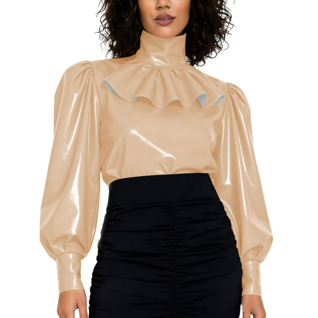 High Street Glossy PVC Leather Womens Blouse High Neck Ruffled Puff Long Sleeve Retro Style Top with Back Zipper Fashion Outfits