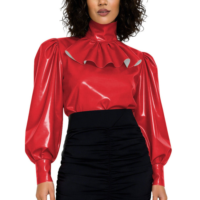 High Street Glossy PVC Leather Womens Blouse High Neck Ruffled Puff Long Sleeve Retro Style Top with Back Zipper Fashion Outfits