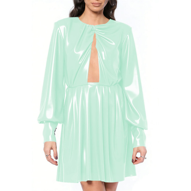 Women's Sexy Keyhole Cutout Glossy PVC Mini Dress Long Lantern Sleeve Backless Flared A-Line Party Short Dress for Club Evening