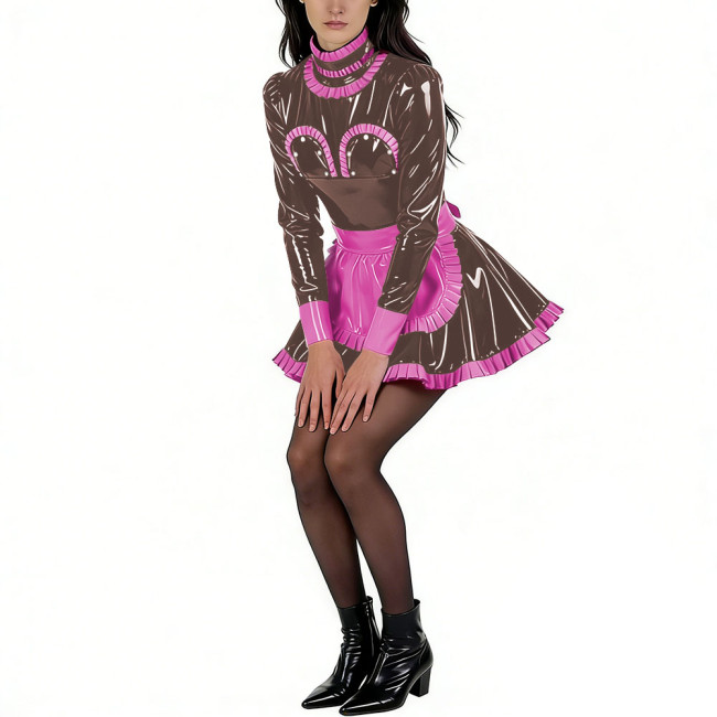 Sissy Glossy PVC High Neck Maid Dress Party Long Sleeve with Ruffled Trim Apron Maid Uniforms Halloween Exotic Cosplay Outfit