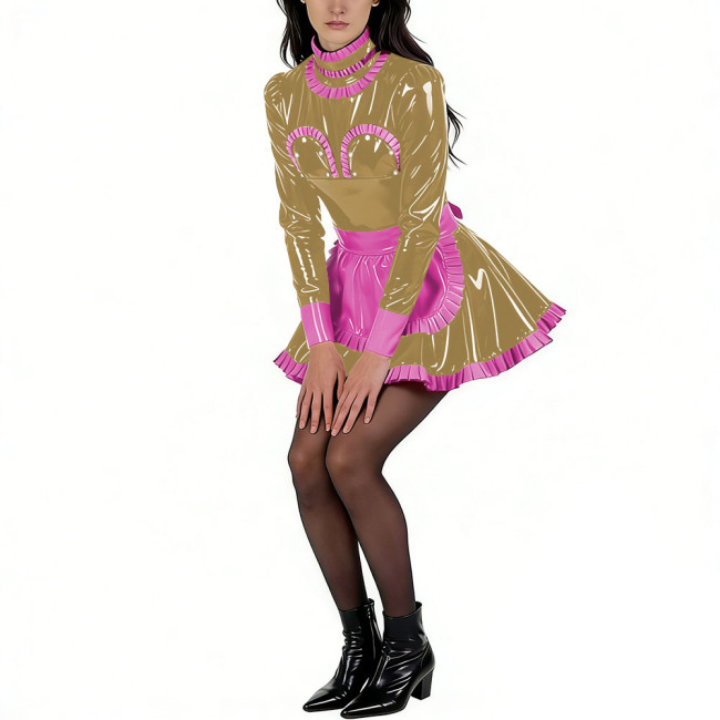 Sissy Glossy PVC High Neck Maid Dress Party Long Sleeve with Ruffled Trim Apron Maid Uniforms Halloween Exotic Cosplay Outfit