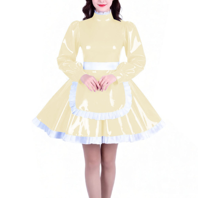 Crossdresser Long Sleeves French Maid Dress Outfits High Neck Elegant A-line Short Maid Apron Dresses Sissy Role Play Costumes