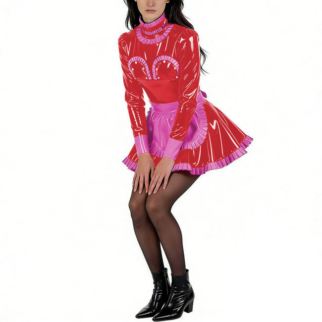 Sissy Glossy PVC High Neck Maid Dress Party Long Sleeve with Ruffled Trim Apron Maid Uniforms Halloween Exotic Cosplay Outfit