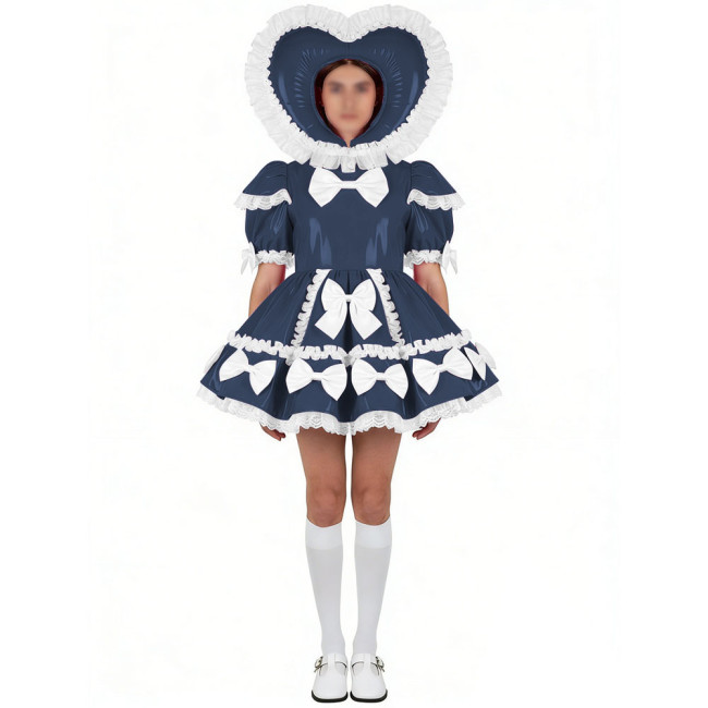 Sissy Shiny PVC Sweet Lolita Dress Uniforms Puff Sleeve Mini Pleated Dress with White Bows & Heart-Shaped Hood Cosplay Outfits