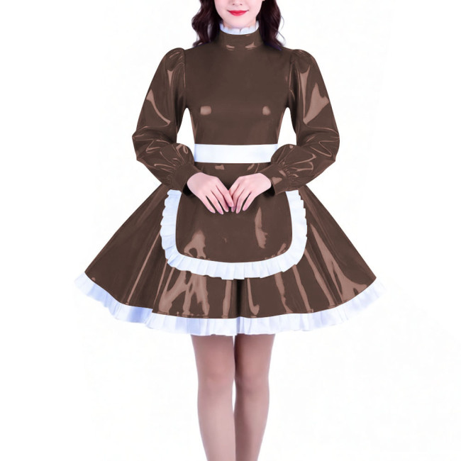 Crossdresser Long Sleeves French Maid Dress Outfits High Neck Elegant A-line Short Maid Apron Dresses Sissy Role Play Costumes