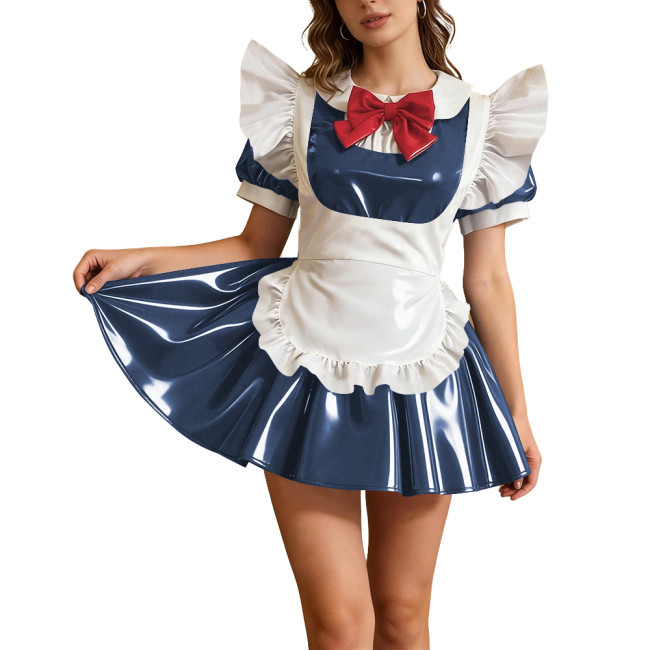 Preppy Styly Short Glossy PVC Maid Dress Sets Puff Sleeve Pleated Mini Dress with Red Bow & Ruffled Apron Party Cosplay Outfits