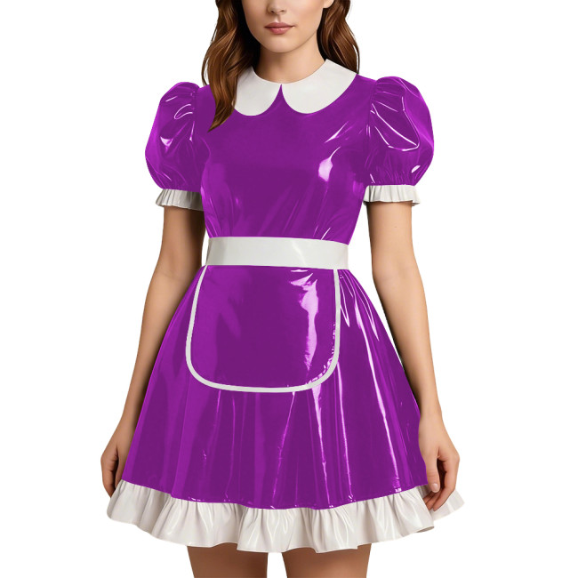 Party Doll Collar Shiny PVC Mini Maid Dress with Apron Womens Puff Short Sleeve A-line Maid Dress Outfit Sissy Role Play Costume