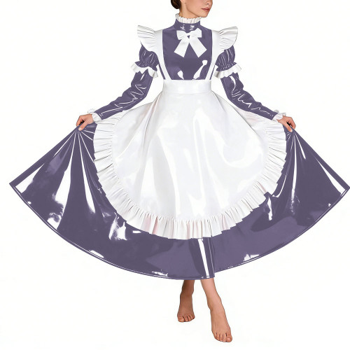 Sissy Glossy Pleated Long Maid Dress Uniforms Long Sleeves PVC Shiny French Maid Dress with Apron Wetlook Cosplay Maidservant