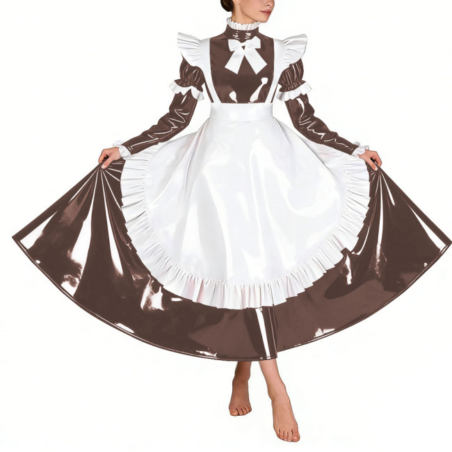 Sissy Glossy Pleated Long Maid Dress Uniforms Long Sleeves PVC Shiny French Maid Dress with Apron Wetlook Cosplay Maidservant