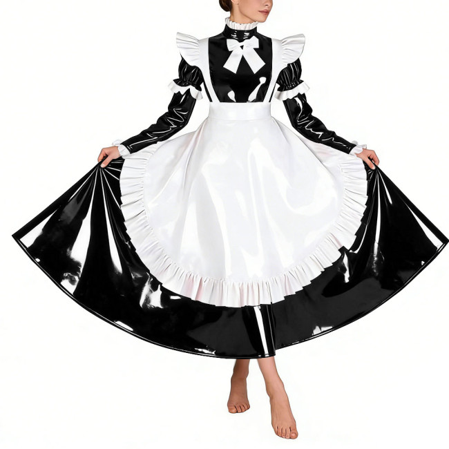 Sissy Glossy Pleated Long Maid Dress Uniforms Long Sleeves PVC Shiny French Maid Dress with Apron Wetlook Cosplay Maidservant