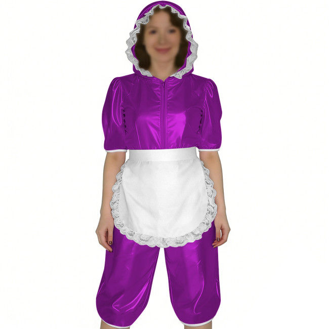 Glossy PVC Leather Short Sleeve Hooded Maid Romper with Apron Sissy Womens Knee-length Jumpsuit Halloween Party Cosplay Outfits