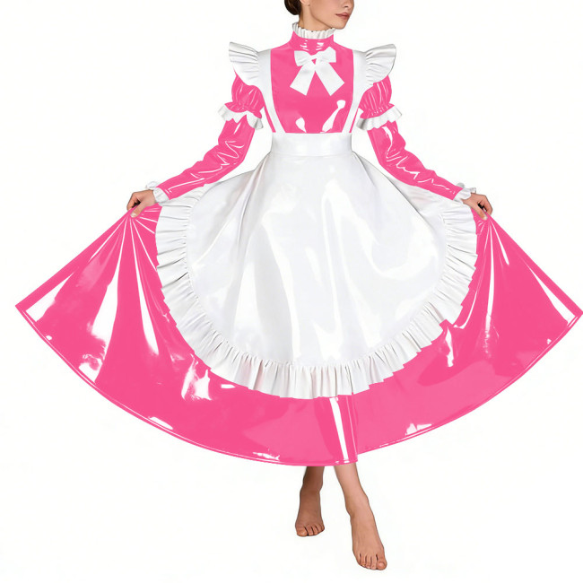 Sissy Glossy Pleated Long Maid Dress Uniforms Long Sleeves PVC Shiny French Maid Dress with Apron Wetlook Cosplay Maidservant