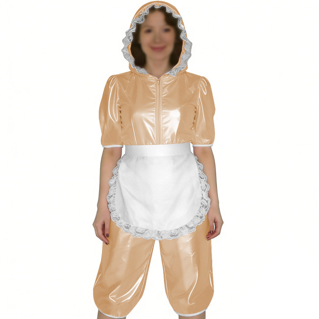 Glossy PVC Leather Short Sleeve Hooded Maid Romper with Apron Sissy Womens Knee-length Jumpsuit Halloween Party Cosplay Outfits