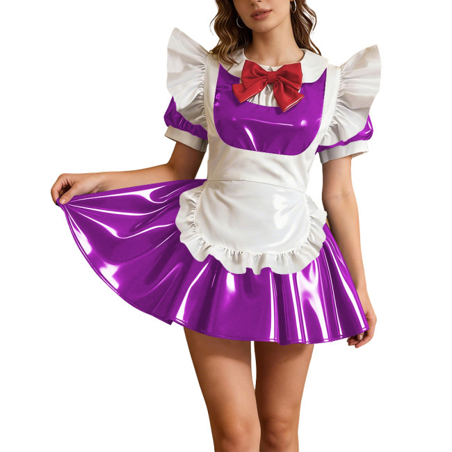 Preppy Styly Short Glossy PVC Maid Dress Sets Puff Sleeve Pleated Mini Dress with Red Bow & Ruffled Apron Party Cosplay Outfits