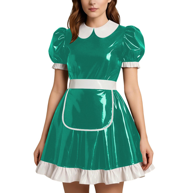 Party Doll Collar Shiny PVC Mini Maid Dress with Apron Womens Puff Short Sleeve A-line Maid Dress Outfit Sissy Role Play Costume