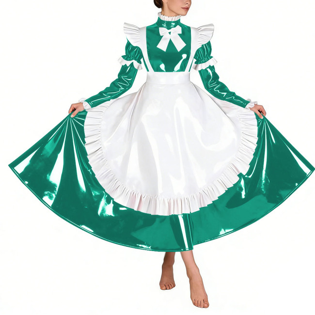 Sissy Glossy Pleated Long Maid Dress Uniforms Long Sleeves PVC Shiny French Maid Dress with Apron Wetlook Cosplay Maidservant
