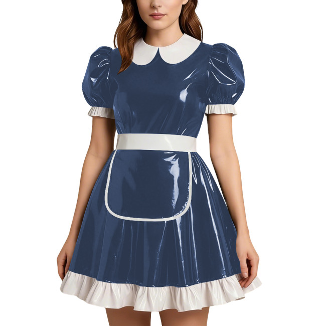 Party Doll Collar Shiny PVC Mini Maid Dress with Apron Womens Puff Short Sleeve A-line Maid Dress Outfit Sissy Role Play Costume