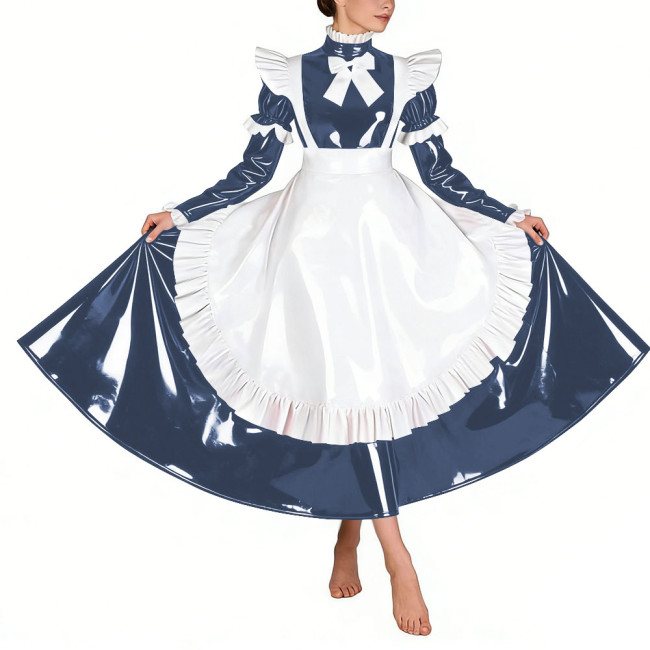Sissy Glossy Pleated Long Maid Dress Uniforms Long Sleeves PVC Shiny French Maid Dress with Apron Wetlook Cosplay Maidservant