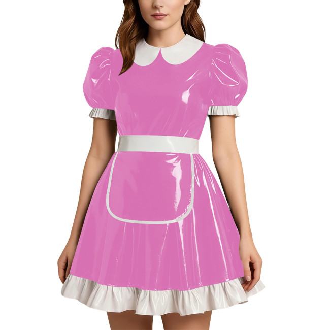 Party Doll Collar Shiny PVC Mini Maid Dress with Apron Womens Puff Short Sleeve A-line Maid Dress Outfit Sissy Role Play Costume