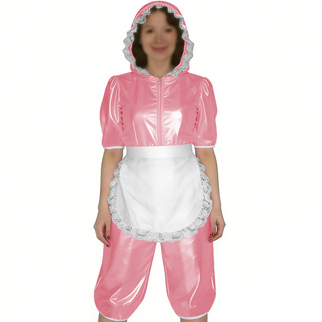 Glossy PVC Leather Short Sleeve Hooded Maid Romper with Apron Sissy Womens Knee-length Jumpsuit Halloween Party Cosplay Outfits