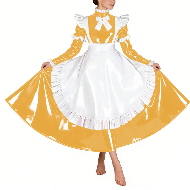 Sissy Glossy Pleated Long Maid Dress Uniforms Long Sleeves PVC Shiny French Maid Dress with Apron Wetlook Cosplay Maidservant