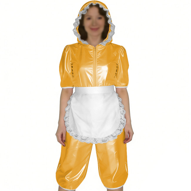 Glossy PVC Leather Short Sleeve Hooded Maid Romper with Apron Sissy Womens Knee-length Jumpsuit Halloween Party Cosplay Outfits