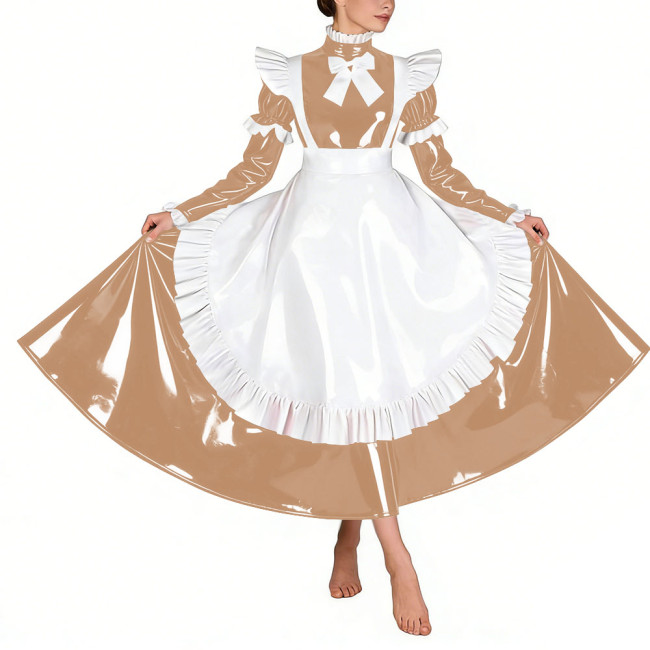 Sissy Glossy Pleated Long Maid Dress Uniforms Long Sleeves PVC Shiny French Maid Dress with Apron Wetlook Cosplay Maidservant