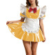 Preppy Styly Short Glossy PVC Maid Dress Sets Puff Sleeve Pleated Mini Dress with Red Bow & Ruffled Apron Party Cosplay Outfits